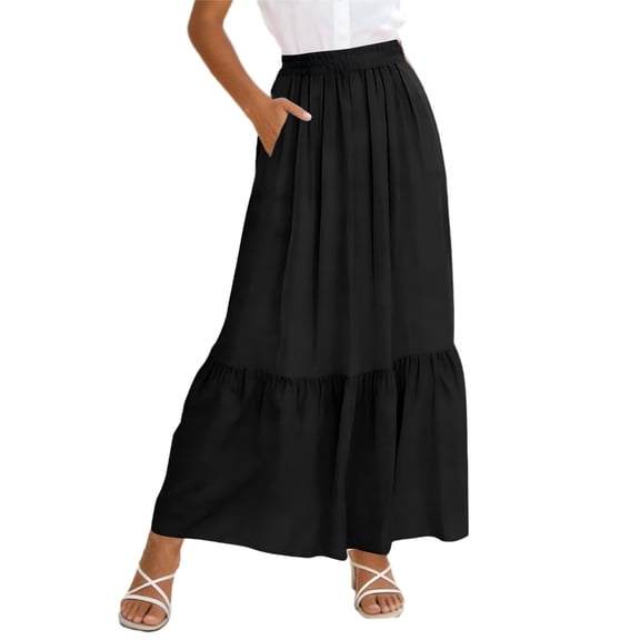 ZToonmas Women's Solid Tiered Maxi Skirt Elastic Waist A-Line Skirt with Pockets Casual Flowy Ankle-Length Skirt