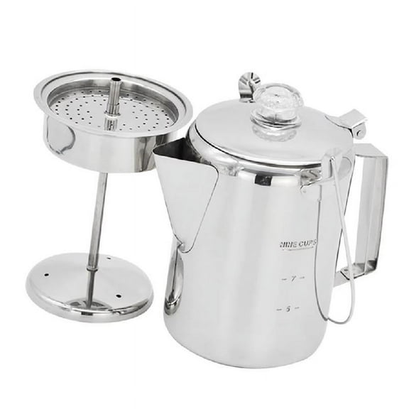 9 Cup Stainless Steel Percolator with Clear Knob Corrosions Hinged Lid Coffee Maker Quick Heating Coffee Pots