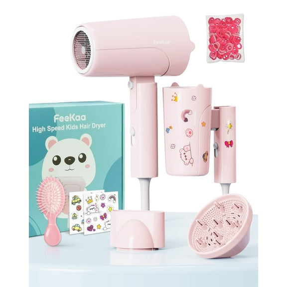 FeeKaa Foldable High Speed Kids Hair Dryer 100 Million Negative Ions, Mini Ionic Travel Kids Blow Dryer, Gift, Pink