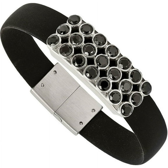 Primal Steel Stainless Steel Black Rubber with Black Cubic Zirconia 8in Bracelet
