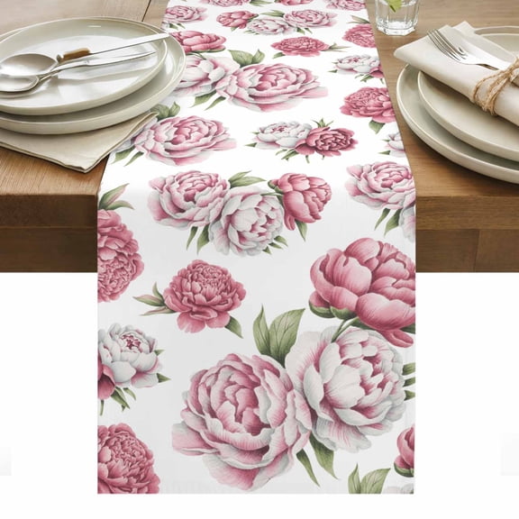 Pink Floral Table Runner - 60 Inch Long, Kitchen Dining Table Runner Dresser Scarves, Spring Summer Modern Flower Leaf Farmhouse Decor for Coffee Tables Wedding Party Banquet
