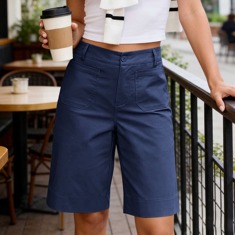 Dress Shorts For Women Solid High Waisted Pocketed Knee Length Commute Ready Smart Casual Summer Warm Weather Style Weekend Packing Wardrobe
