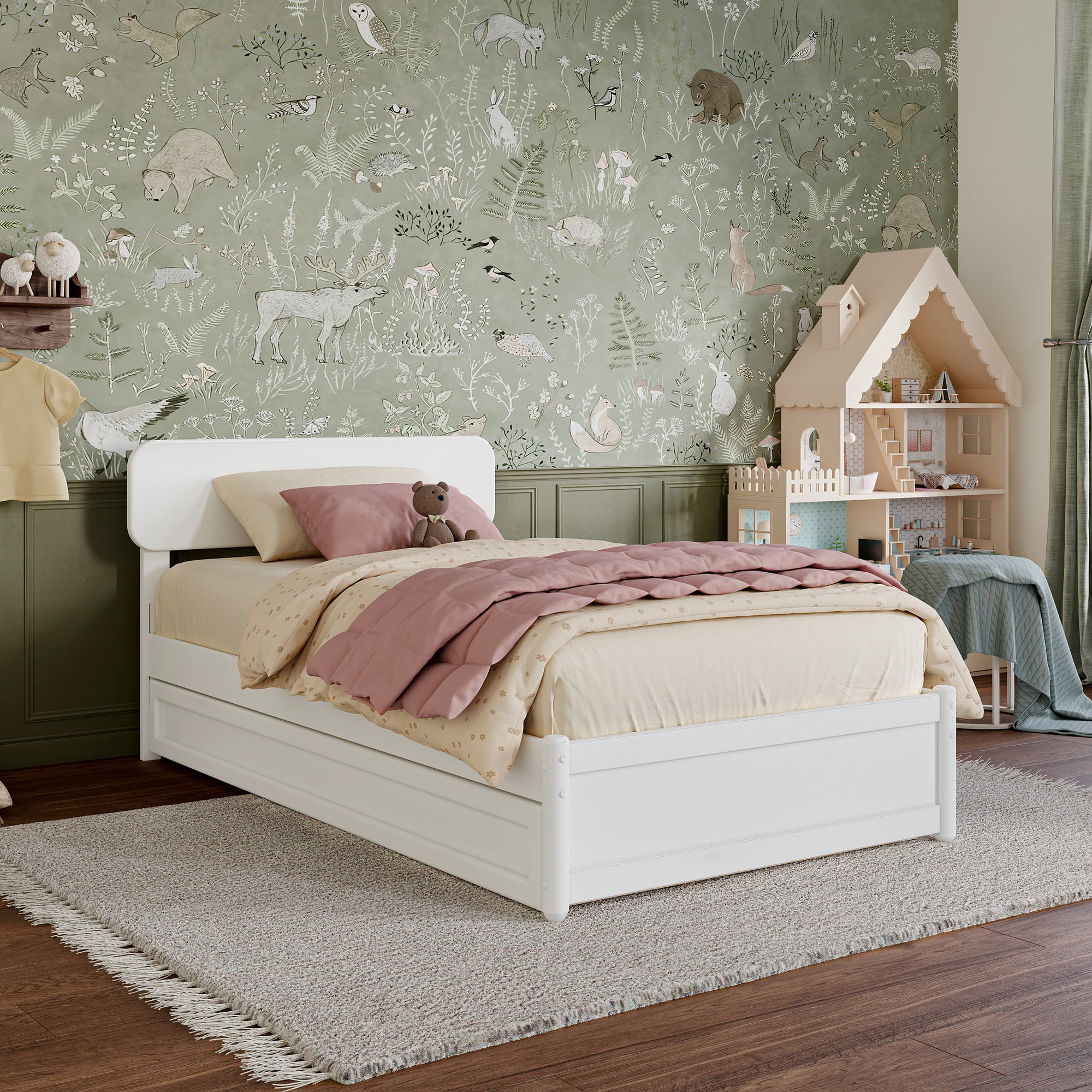 AFI Capri Twin Solid Wood Platform Bed with Panel Footboard and Twin Trundle, White