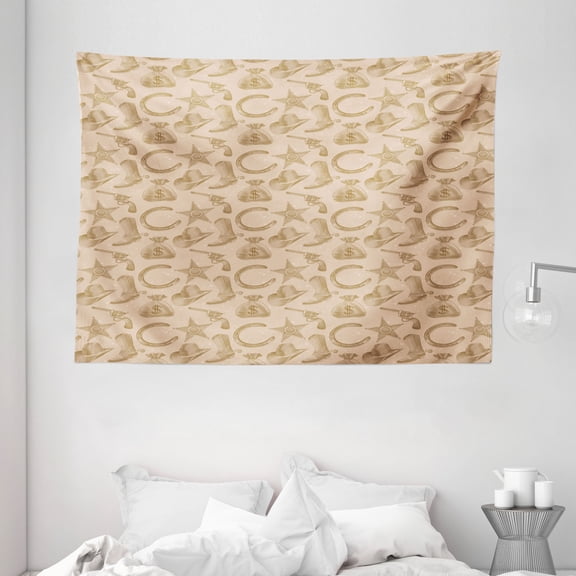 Western Tapestry, Engraving Style Star Boot and Money Revolver Line Pattern Worn Out Dotted Backdrop, Wall Hanging for Bedroom Living Room Dorm Decor, 80W X 60L Inches, Tan Brown, by Ambesonne