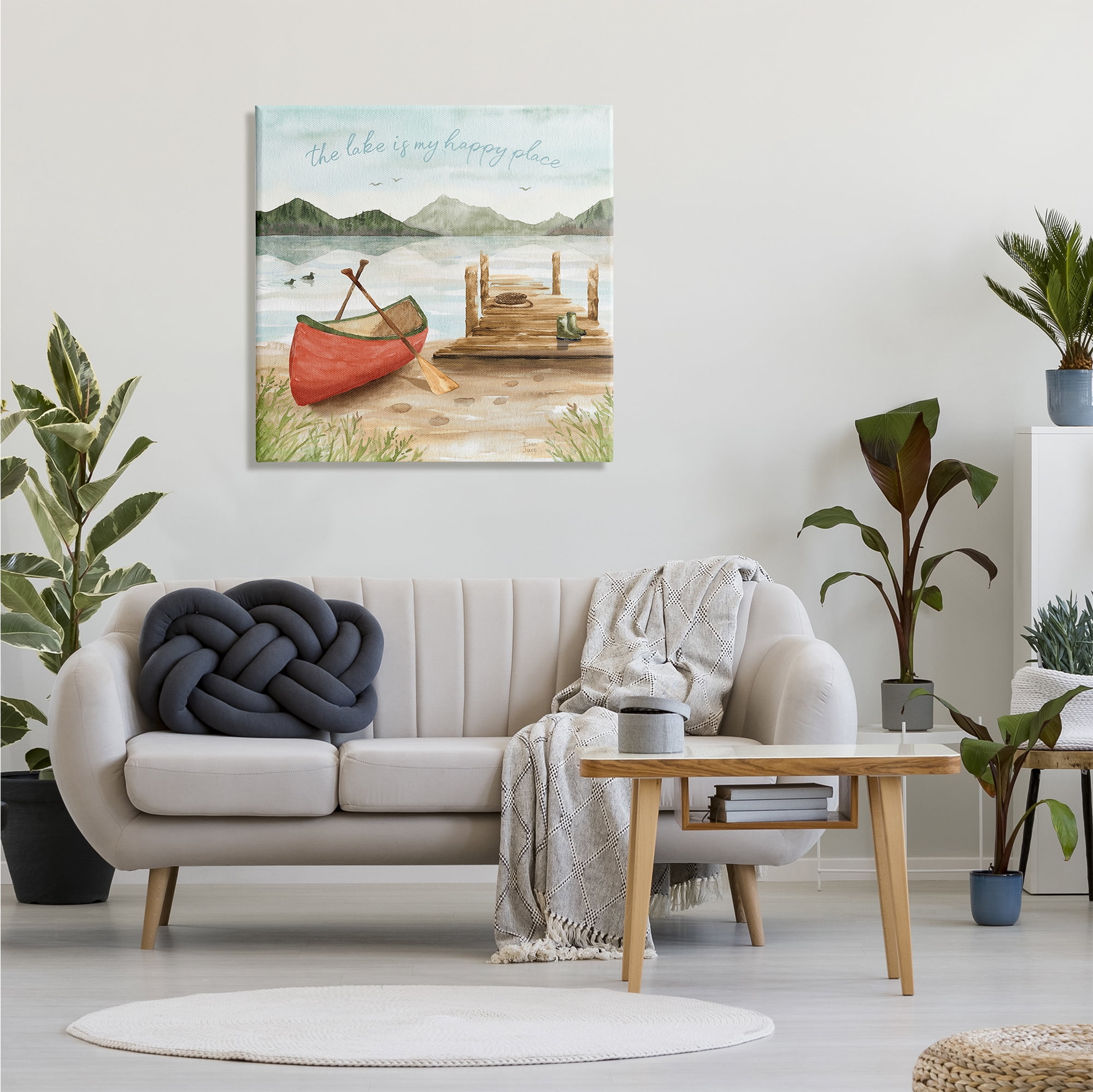 Stupell Industries Lake's My Happy Place Phrase Boat Dock Landscape Paintings Gallery-Wrapped Canvas Print Wall Art, 30x30, by Dina June