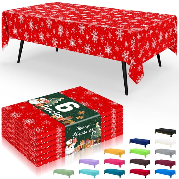 decorUhome Disposable Christmas Tablecloth - 6 Pack, 54 x 108 inch Decorative Rectangular Table Cover, Waterproof Plastic Tablecloth, Red & White