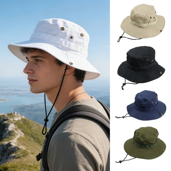Rodiuiu Fisherman Hat Wide Brim Quick-Drying Mesh Sun Protection Basin Hat Adjustable Drawstring Travel Fishing Cap