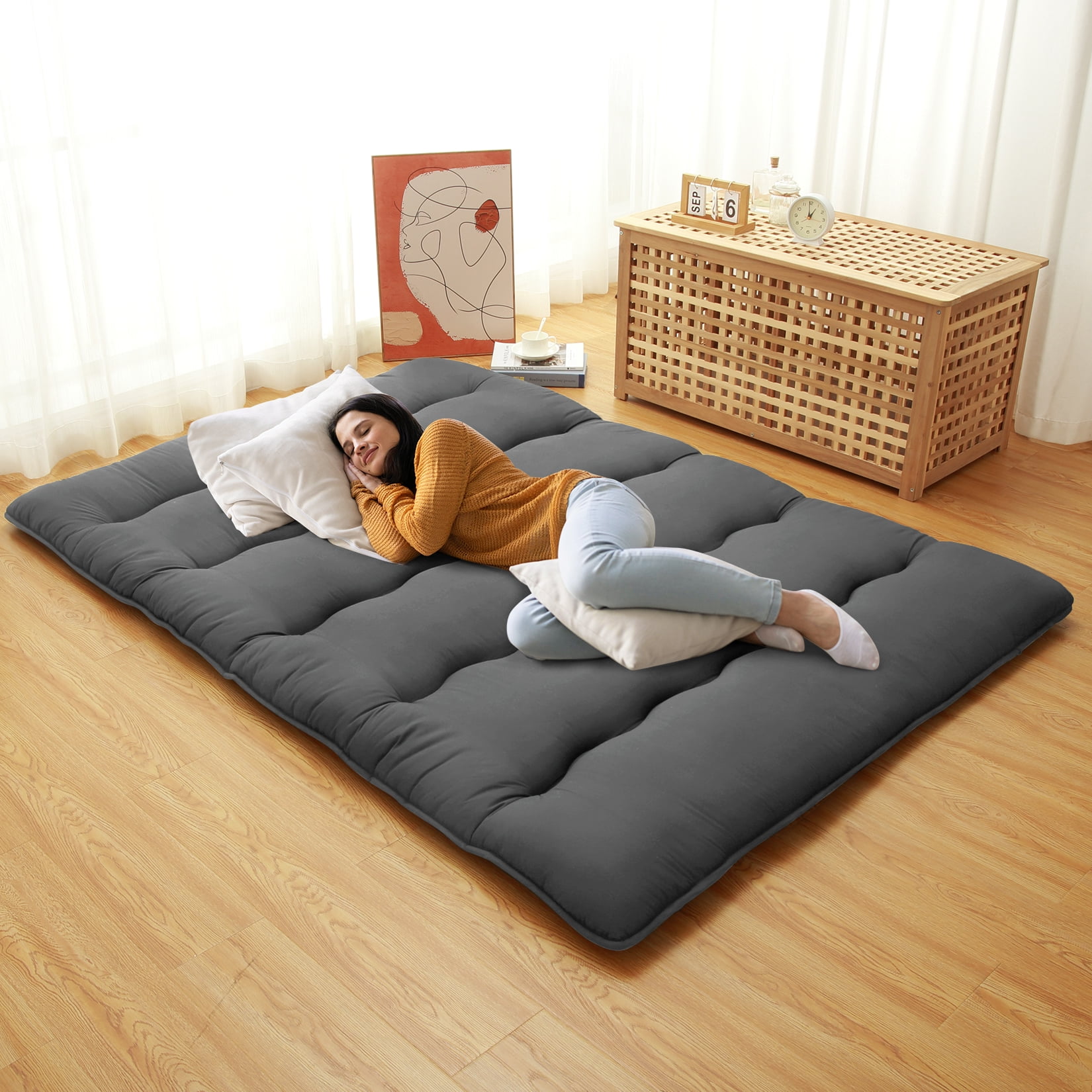 Japanese Futon Floor Mattress Twin/Full Size Sleeping Mat, Tatami Mat, Portable & Foldable Roll Up Camping Mattress Pad for Sofa Lounger, Dark Gray, Full (137*203cm)