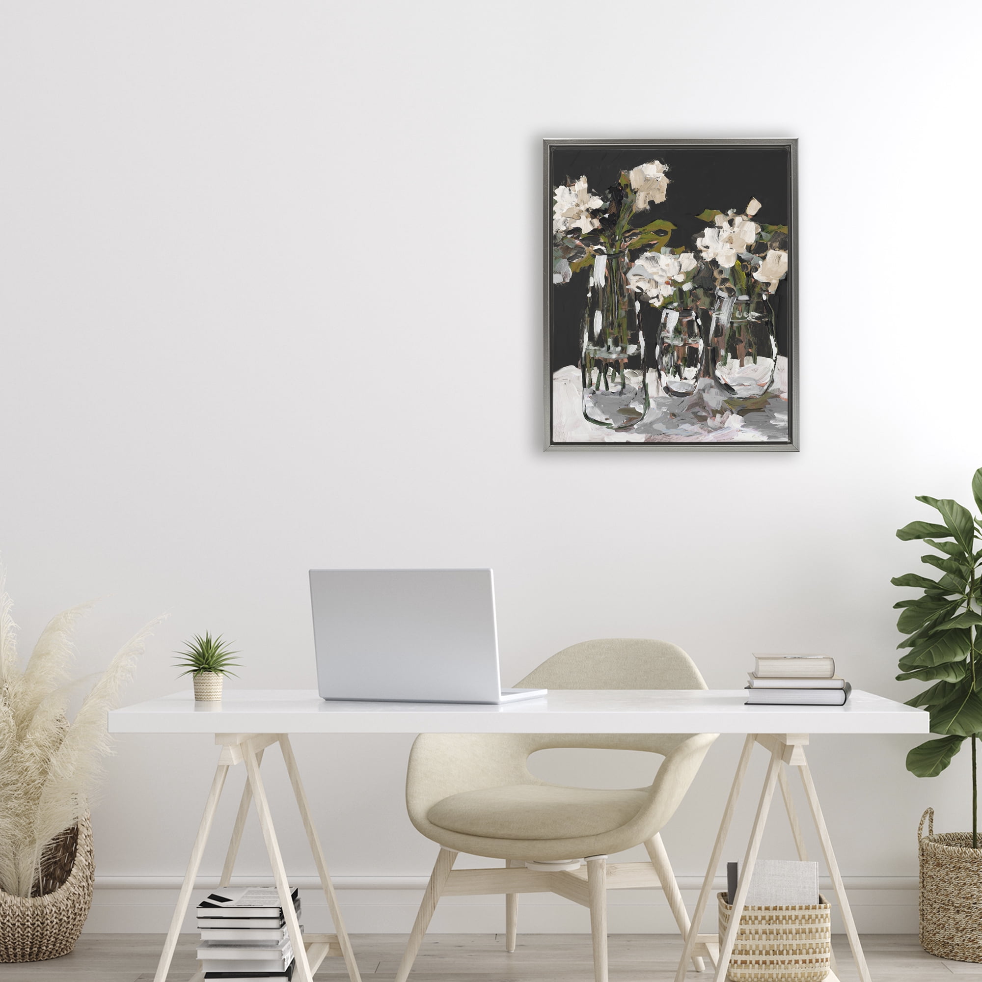 Stupell Industries Three Flower Vases on Black Gray Framed Floater Canvas Wall Art, design by Jane Slivka