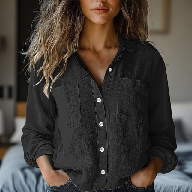 JMKQLZ Women's Fashion Solid Button Shirt Female V-Neck Loose T-shirt Blouse