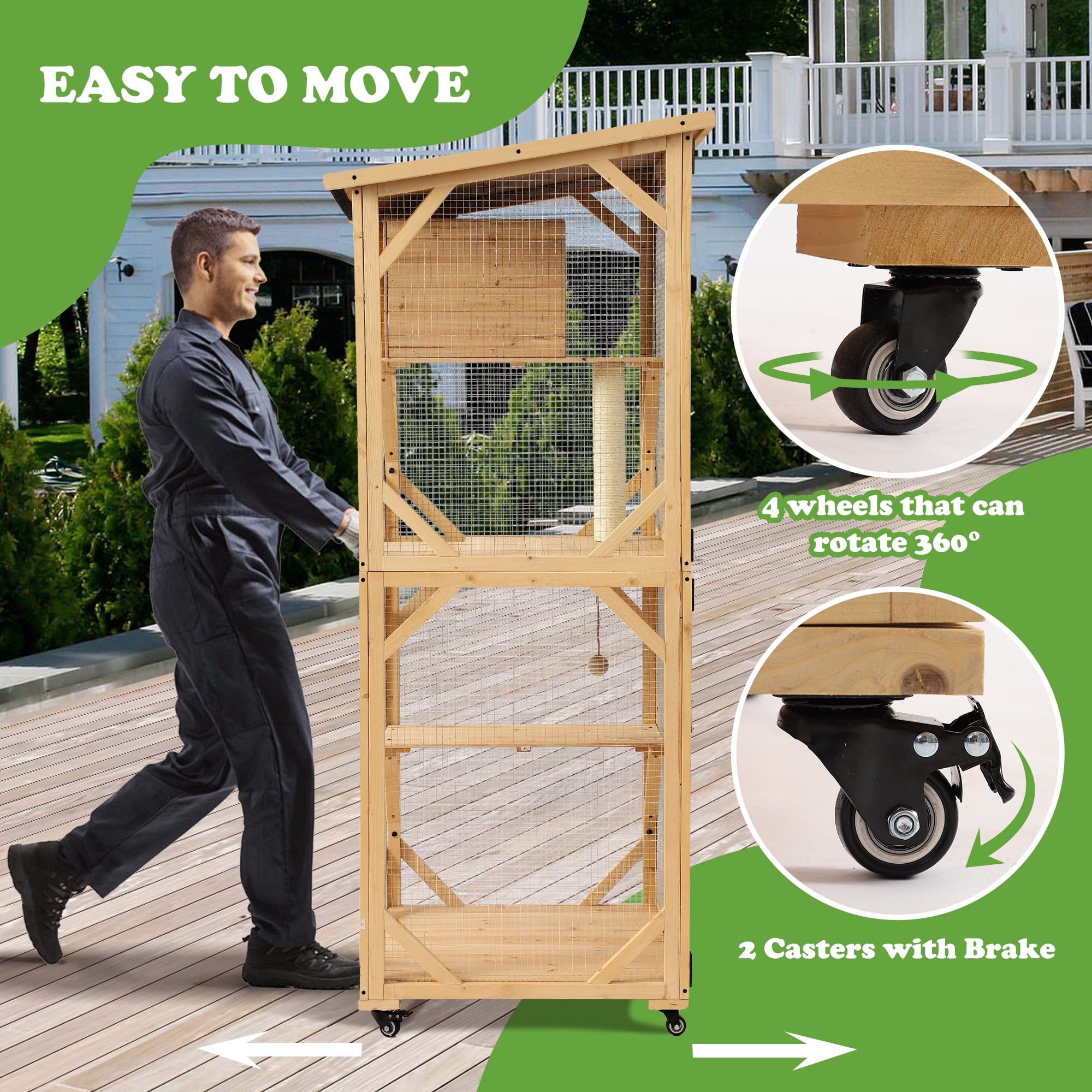 Magic Union Catio Outdoor Cat Enclosure, 4 Tiers Cat House with Waterproof Roof, Indoor Cat Cage with Wheels and Removable Floor, Large Outside Wood Cattio Kitty with Resting Box (Natural)