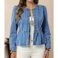 thumbnail image 6 of Women'S Peplum Denim Jackets Collarless Round Neck Button Down Cropped Ruffle Hem Jacket Blue XL, 6 of 8