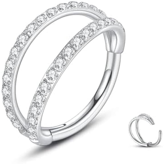 Double Open Stack CZ Nose Ring Hoop 316L Surgical Steel Helix Rook Conch Cartilage Daith Tragus Earrings Hinged Segment Nostril Piercing Septum