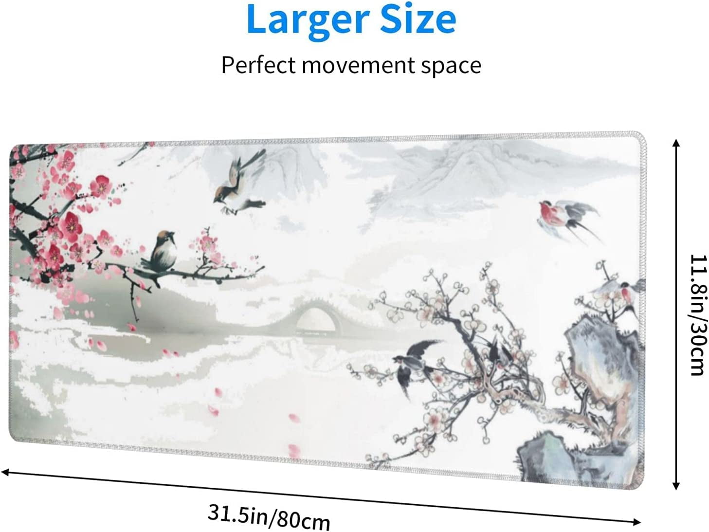 Cherry Blossom Sakura Gaming Mouse Pad 31.5×11.8inch with Stitched Edges Extended Waterproof Desk Pads Non-Slip Rubber Base Large Keyboard Mat Computer Gaming Mousepad for Work/Office/Home (Ten)