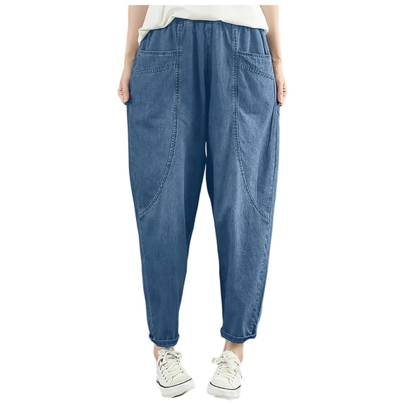 OJSFQUFP Women's Plus Size Elastic Waisted Skinny Denim Nine Point Pants Women Pants Casual
