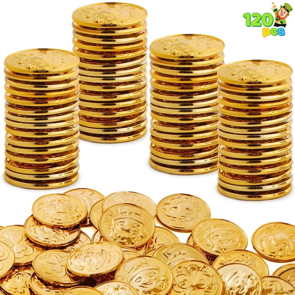 Joyfy 120 Pcs St. Patrick's Day Gold Coins, Plastic Gold Coins Accessories Bulk with Shamrock, Leprechaun, Cauldron & Hat Patterns, for Decorations , Party Favors