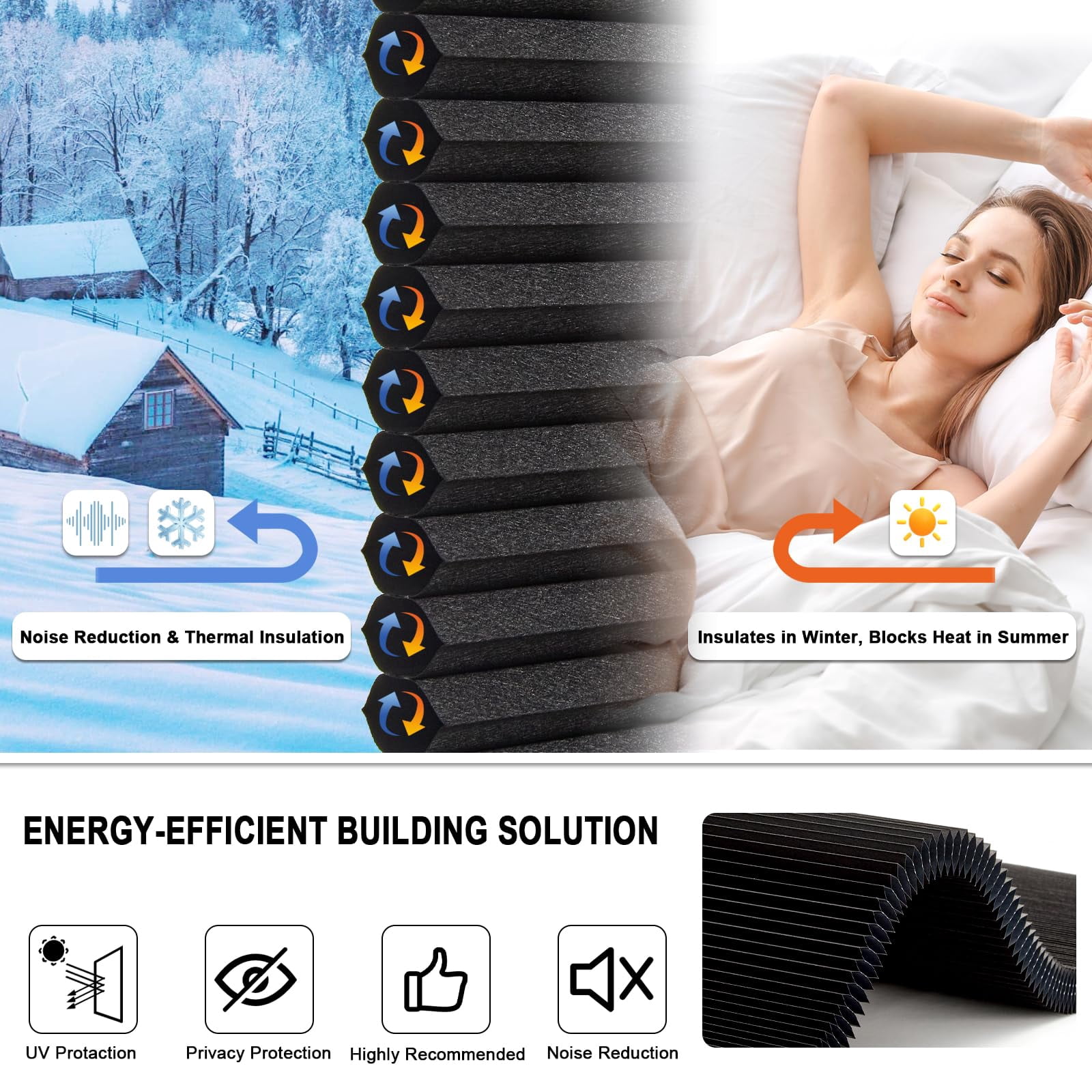 No Drill Cellular Shades For Indoor Windows  Thermal Insulating & Noise Reducing Honeycomb Blinds Free Stop Cordless Blackout Black 18 1/2" W X 64" H