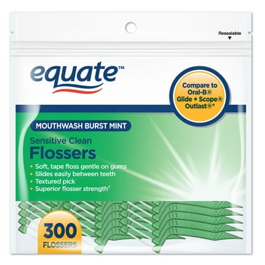 Equate Mint Dental Flossers, Mouthwash Burst Mint, Soft, Tape Floss, Sensitive Clean, 300 Count
