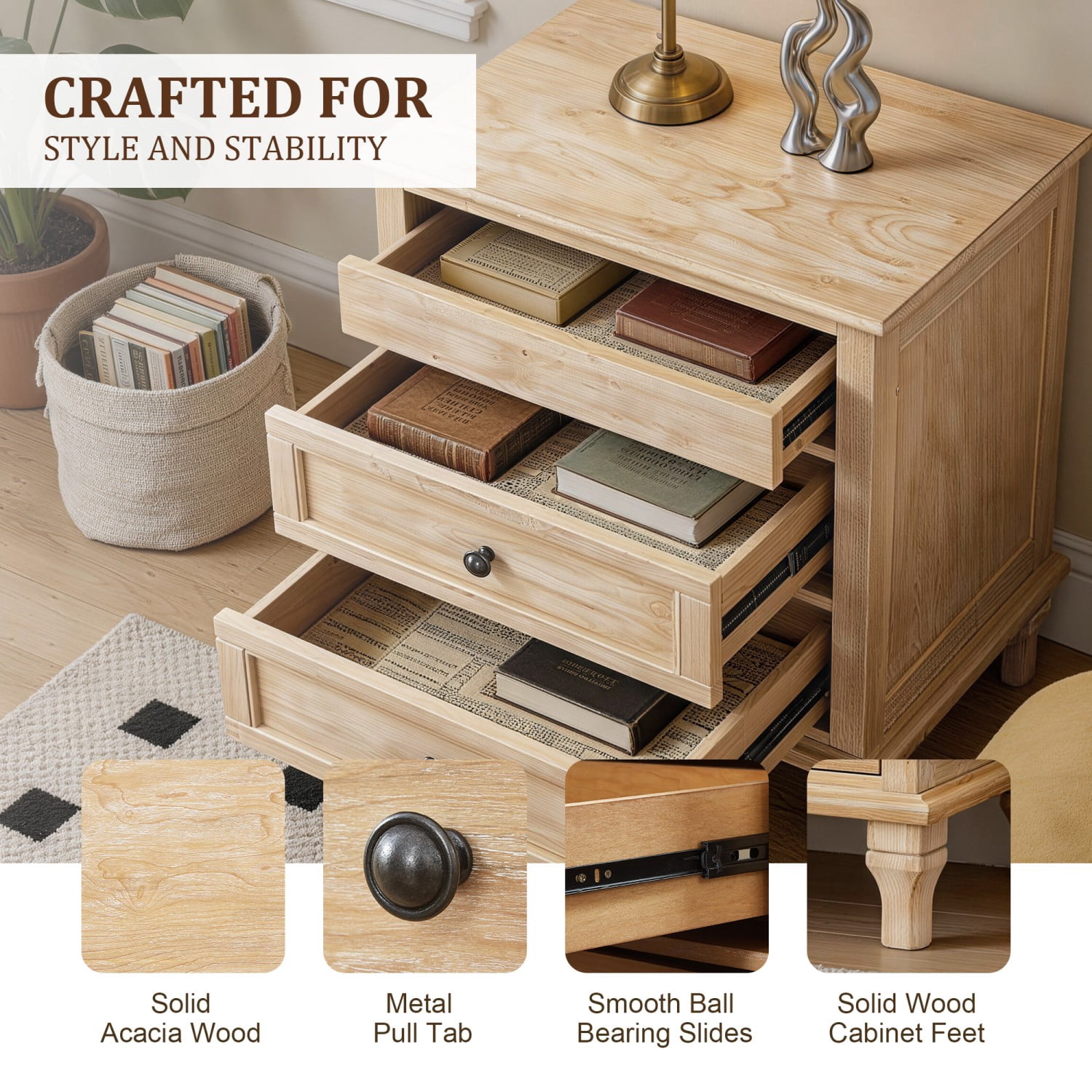 28" Wood Nightstand with Charging Station, Farmhouse Bedside Table with 3 Drawers, USB & Type-C Ports, Solid Wood Legs Storage End Table for Bedroom Living Room Office, Natural