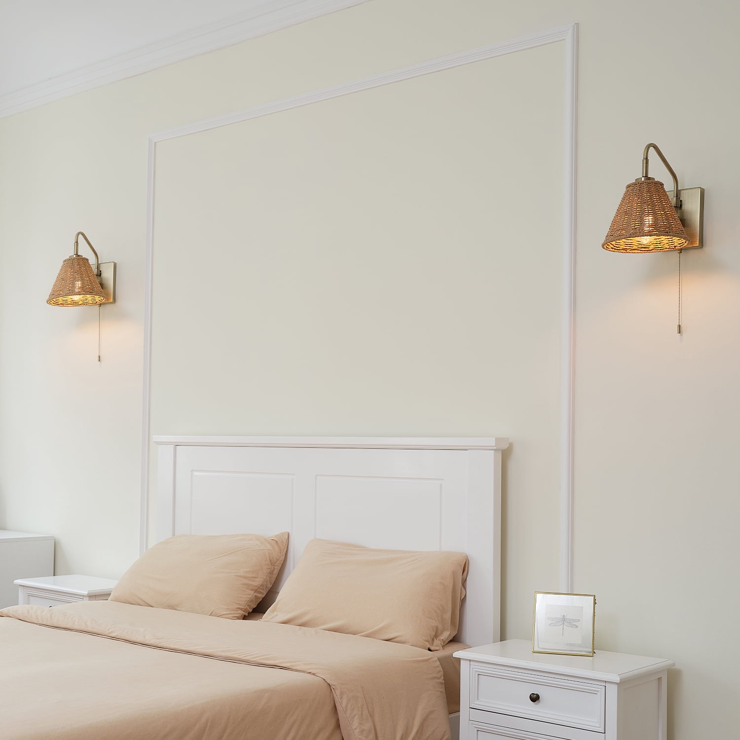 Novogratz x Globe Electric 1-Light Matte Brass Rattan Indoor Wall Sconce with Pull Chain Switch, No Battery Required