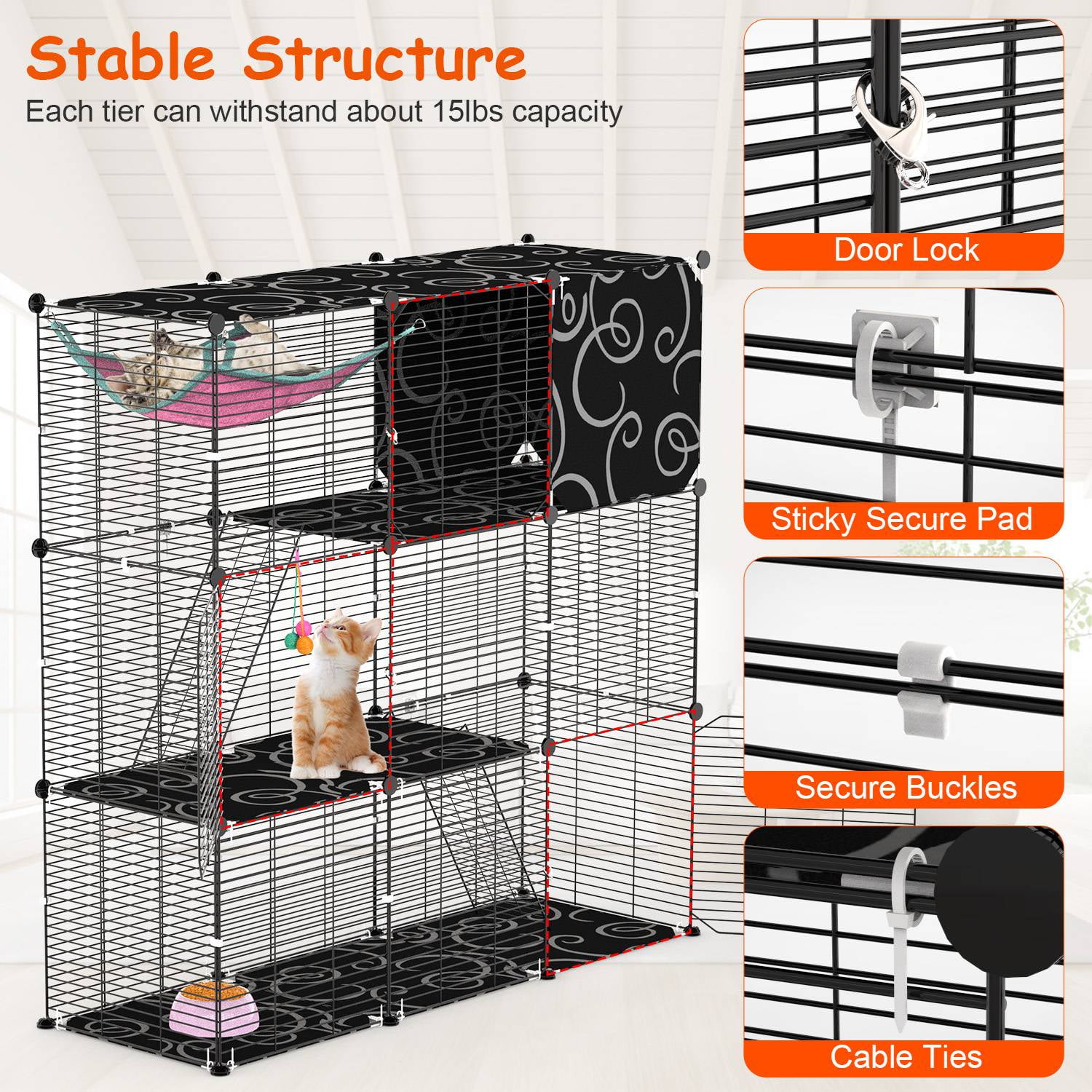 Moclever 3-Tier Large Cat Cage, Enclosure Indoor DIY Iron Pet Cage Playpen with Hammock Toy Ball Ladder for 1-2 Cats Ferret Rabbit Small Animals, Black