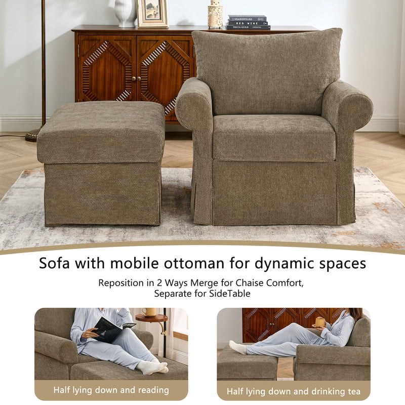 Oversized Single Sofa Chair w/ Ottoman Set, Chenille Accent Chaise Lounge, Modern Upholstered Armchair w/ Backrest Pillow