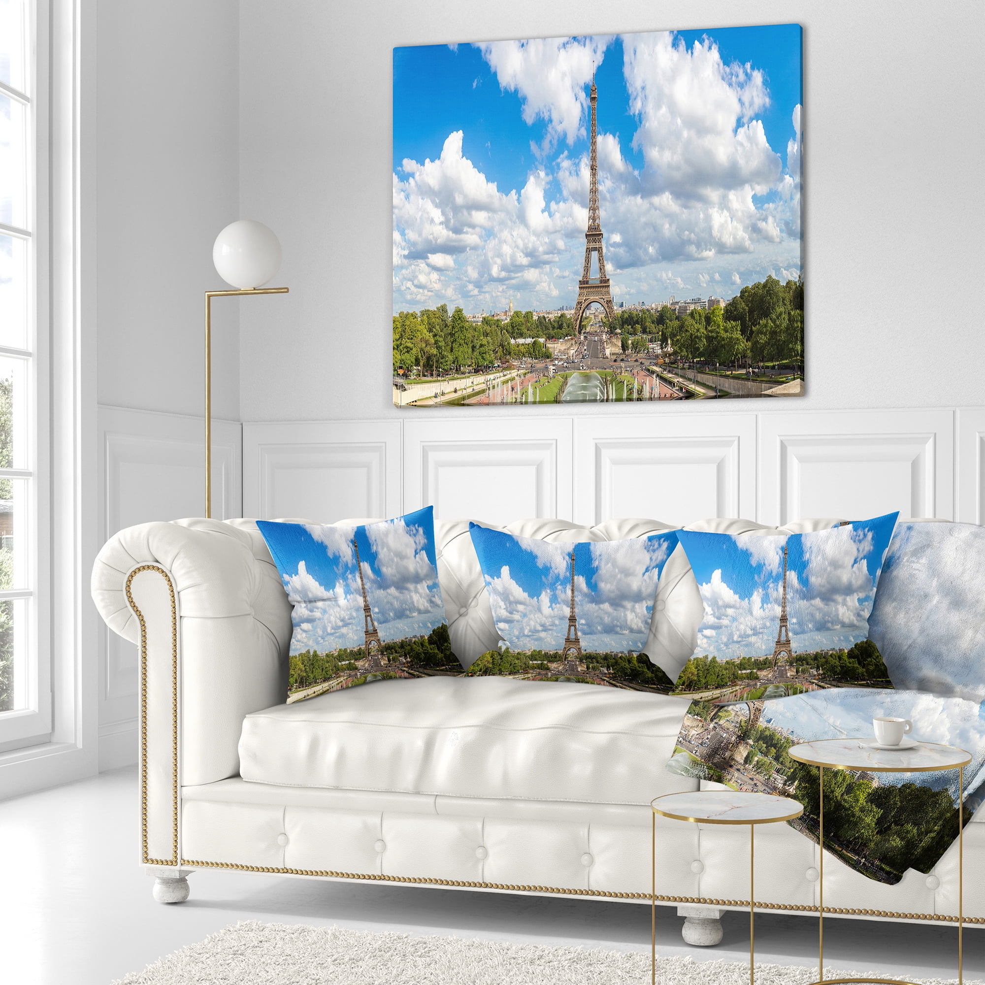 Designart Panoramic Paris Paris Eiffel Towerunder Clouds - Cityscape Throw Pillow - 18x18