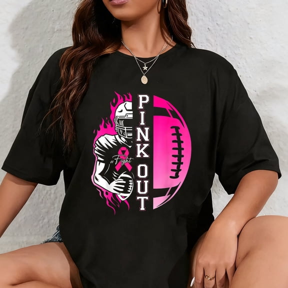 100% Cotton Football Pink Out Team Breast Cancer Awareness Month Womens T-Shirt