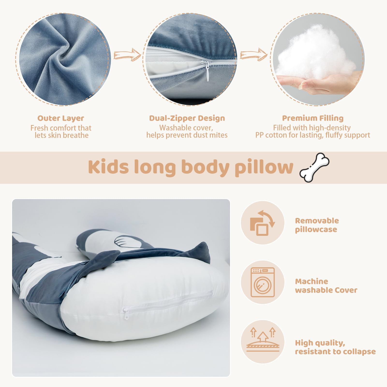 IFOYO 43" U Shaped Kids Full Body Pillow, Minky Cuddle Pillow for Sleeping ADHD Sensory Relief, Washable Cover for Boys Girls