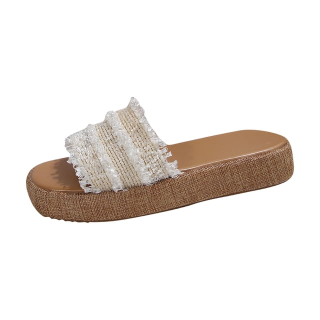 Fish Mouth Wedge Slippers for Women, Thick Sole Height-Increasing Design, Woven Upper, Non-Slip Rubber Outsole, Easy Slip-On Style, Breathable Comfort
