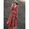 thumbnail image 4 of 2023 Otoño Nuevo Estilo de Moda para Mujer Vestido de Gasa Estampado de Una Pieza con Cuello en V Atado Falda Larga de Manga Larga con Flores Rojas, 4 of 5