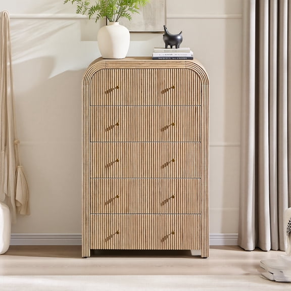 OKD Modern Tall Dresser for Bedroom, Fluted 5 Drawers Dresser with Solid Wood Design and Metal Handle, for Living Room, Hallway, Closet