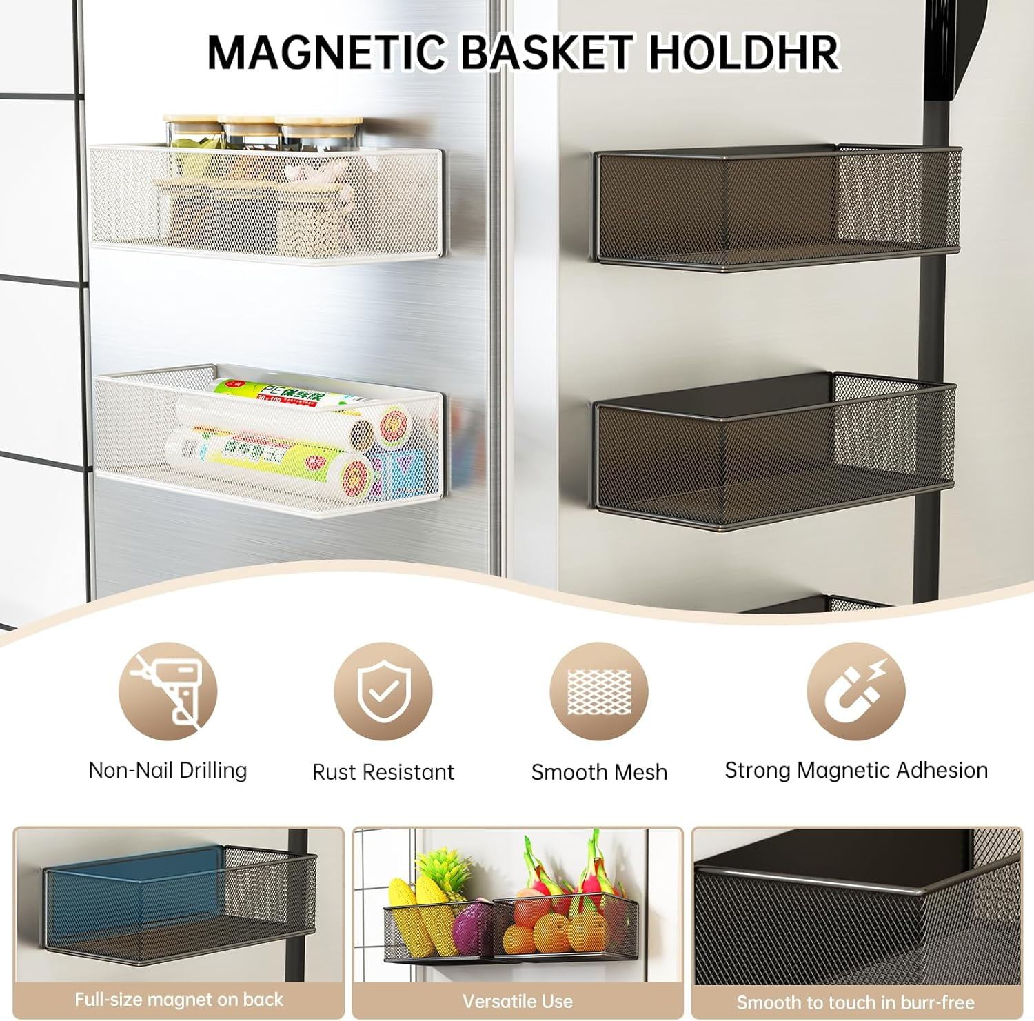Magnetic Basket Organizer Holder for Fridge Sipce Rack Magnetic Storage Bin Box Containers for Refrigerator Magnetic Shelf for Fridge Whiteboard Classroom (Black, 10.63''L*4.72''W*3.03''H)