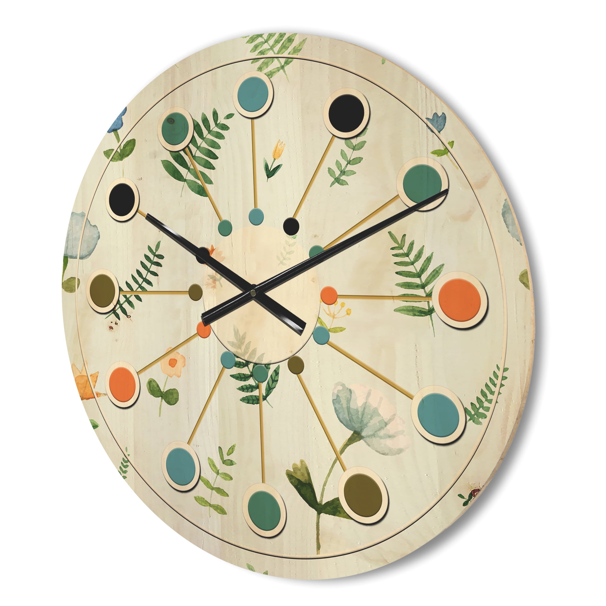 Designart 'Floral Retro Pattern IX' Mid-Century Modern Wood Wall Clock