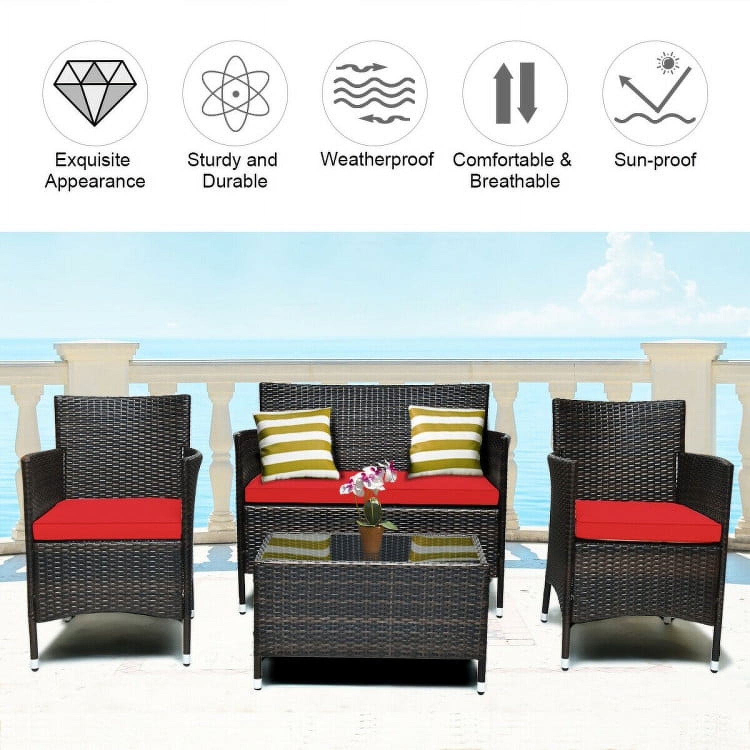 Aimee Lii 4 Pieces Patio Cushioned Wicker Conversation Set, Outdoor Sectional Set with with Glass Coffee Table, Red