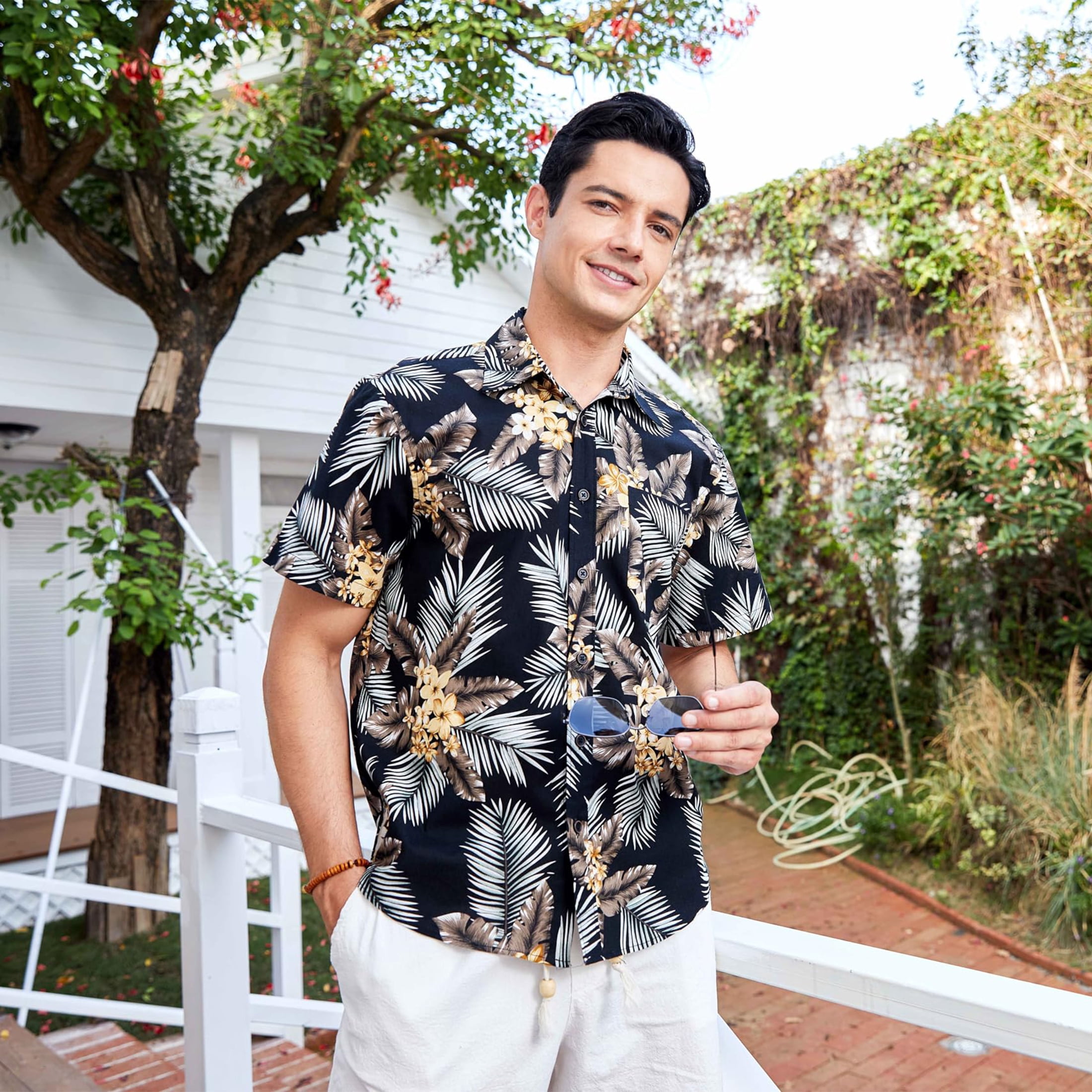 Hawaiian Shirt for Men, Short Sleeve Shirts Button Down Aloha Shirt Beach Floral Shirts Black Palm XL