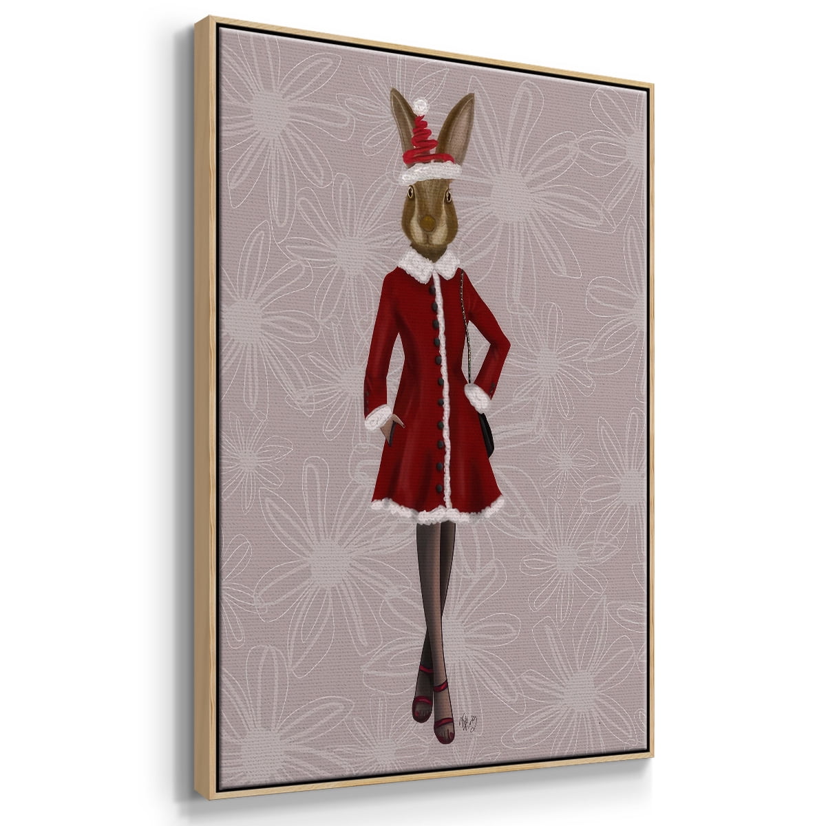 Christmas Christmas Fashion Bunny - Framed Gallery Wrapped Holiday Canvas - 17 x 25 - Natural Wood Frame