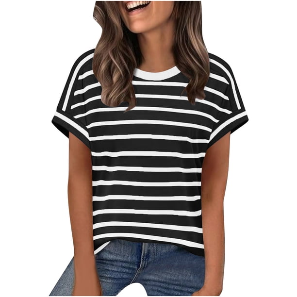 Camisas de Cuello en V de Manga Corta para las Mujeres Impresión de Rayas Blusa de Verano de Primavera de Moda, Camiseta de Mujer de Manga Corta