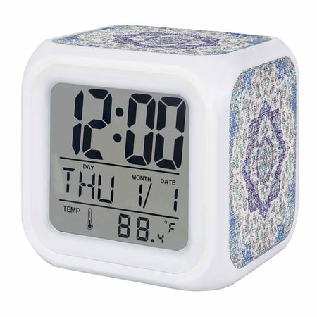 Alarm Clocks Blue Medieval Flowers Digital Clock 7 Color LED Night Light Silent Non-Ticking Battery Operated Retro Bohemian Pattern Cube Clocks for Bedroom Bedside Living Room Office School