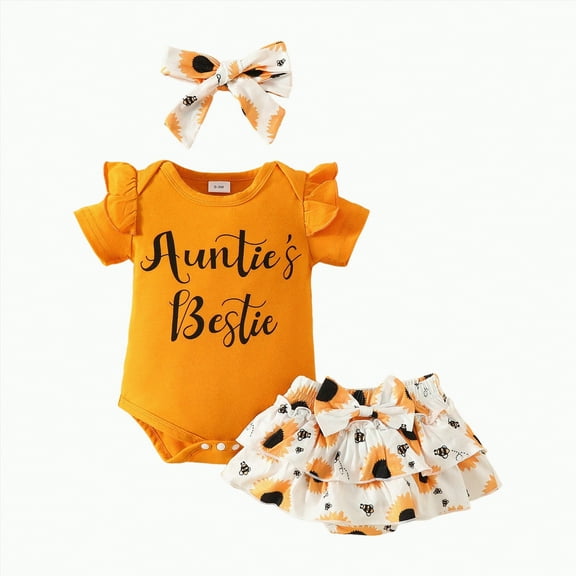 TOWED22 Baby Girl Clothes Newborn Infant Summer Outfits Ruffle Sleeve Romper and Floral Shorts Set for 0-18 Months(Orange,6-9 M)