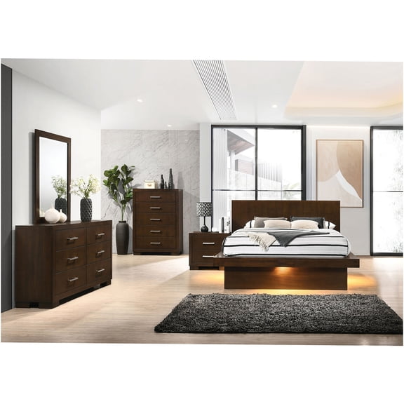JERFIT 5-Piece Queen Bedroom Set in Cappuccino Finish, Wood Platform Bed with Dresser, Mirror, Chest & Nightstand, Contemporary Style
