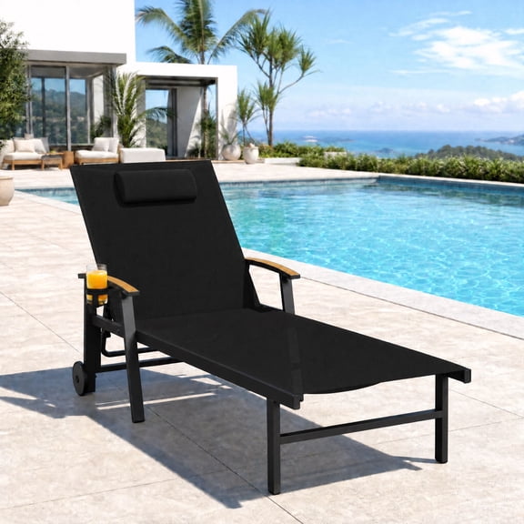 Harbweb Quick Dry 5-Position Adjustable Aluminum Outdoor Lounge Chairs with Pillow and Wheels, Black