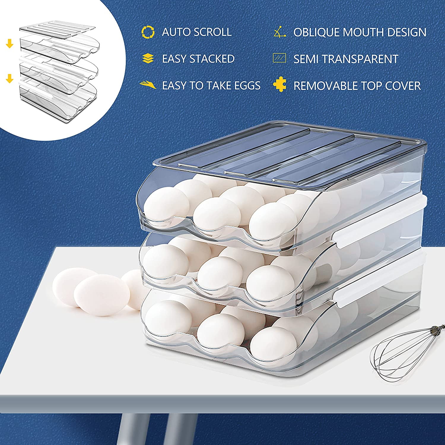 SUNFICON Egg Holder Storage Box with Lid Automatic Rolling Egg Container for Refrigerator Kitchen Egg Tray Organizer Bin for Household (3 layers)