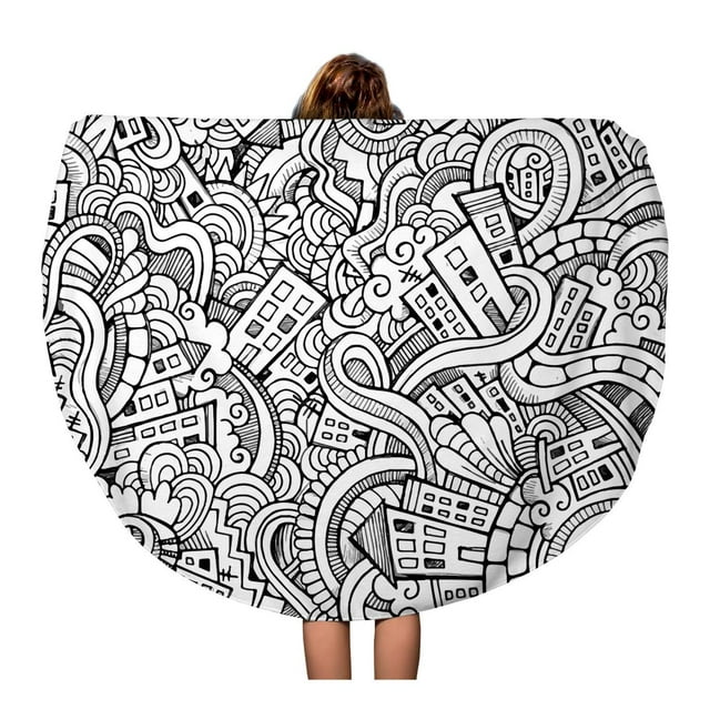 JSDART 60 Pouces Rond Plage Serviette Couverture Modèle Dessin Animé Doodles Ville Ligne Ville Urbain Plaisir Rue Voyage Cercle Circulaire Serviettes Tapis Tapis Plage Jeter