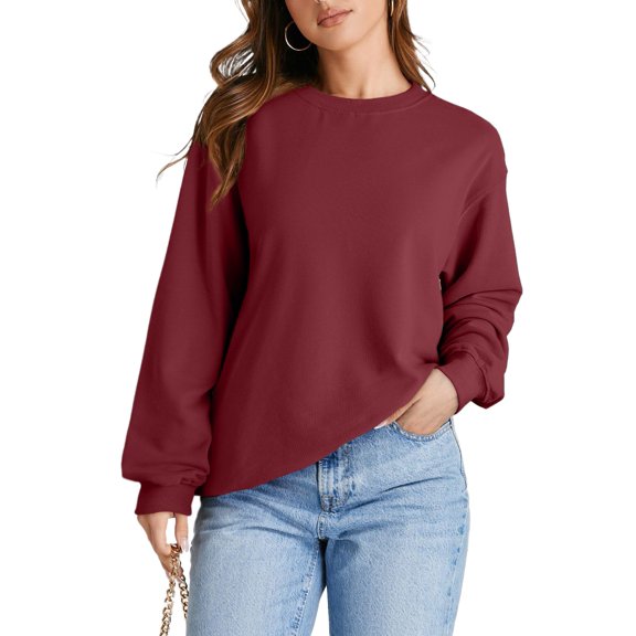 Women's Burgundy Plain Drop Shoulder Crewneck Pullover Sweatshirt - Cozy Casual Style | [ZhiHiMeRi] | (US 12-14)L