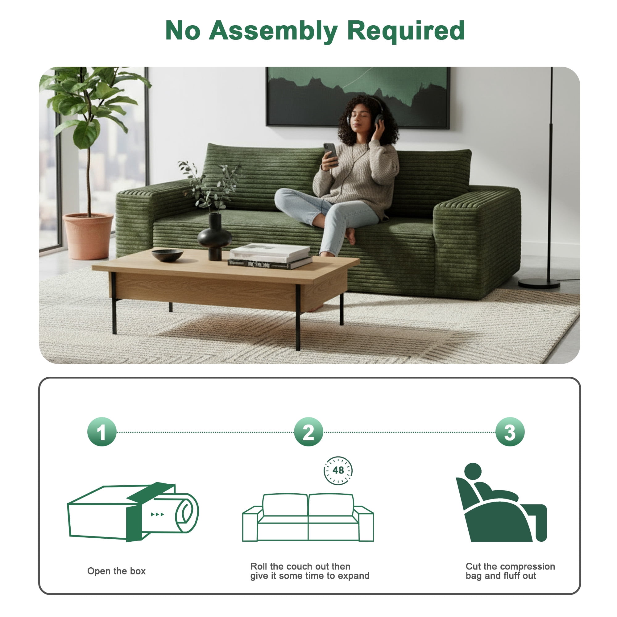 MAYEERTY 63" 2-Seater Sofa Green Corduroy Deep Seat No Assembly Living Room/Bedroom/Conference Room