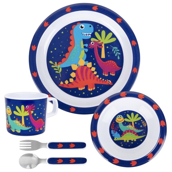 Bentology Dinosaur 5-Piece Melamine Dinnerware Set for Toddlers and Kids, Plate, Bowl, Cup, Fork and Spoon, Dishwasher Safe, BPA-Free Self-Feeding