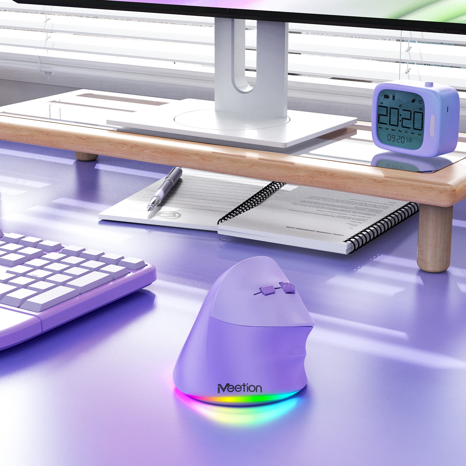 Meetion Purple Vertical Ergonomic Mouse, Bluetooth 2.4G, Rechargeable, Large Comfort Grip
