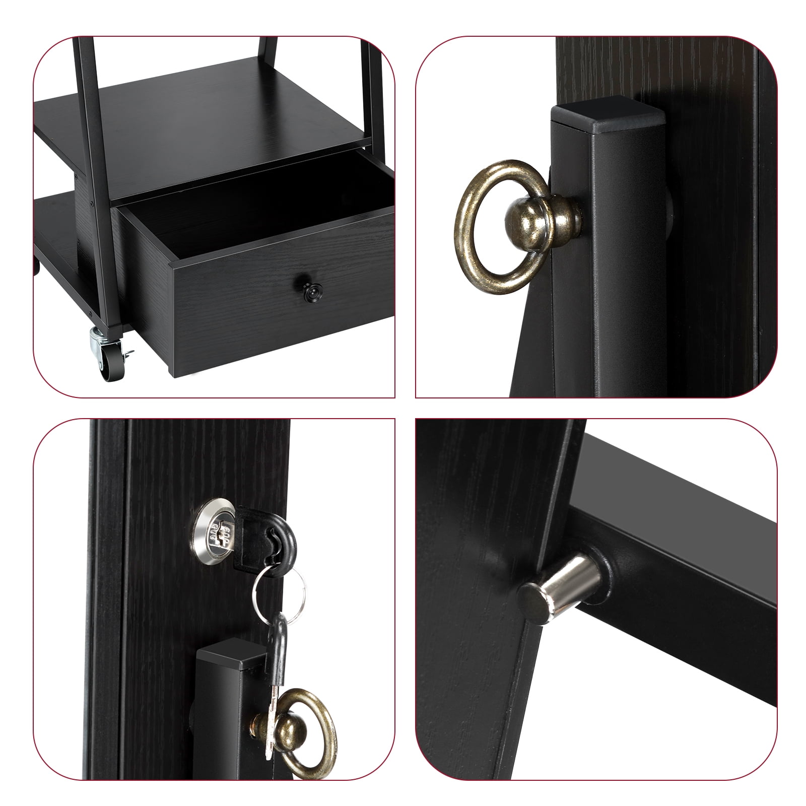 Freestanding Jewelry Armoire with Full Length Mirror, Lockable Organizer Cabinet with Drawer & Wheels, Black, High Capacity, Budget-Friendly for Small Bedrooms