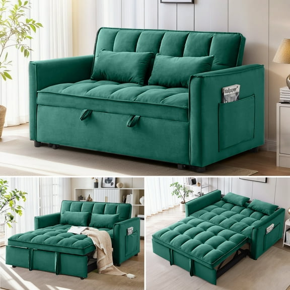 Anpport 3-in-1 Convertible Sleeper Sofa Bed, Pull-Out Loveseat Couch with Adjustable Back, Velvet Fabric, 55",Green